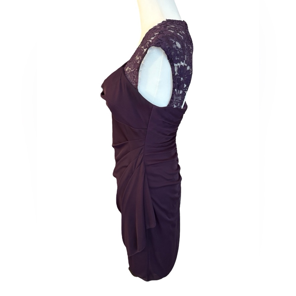 Xscape Ruched Dress Purple Size 10 lace cap sleeve fully lined drape chest - Picture 8 of 12